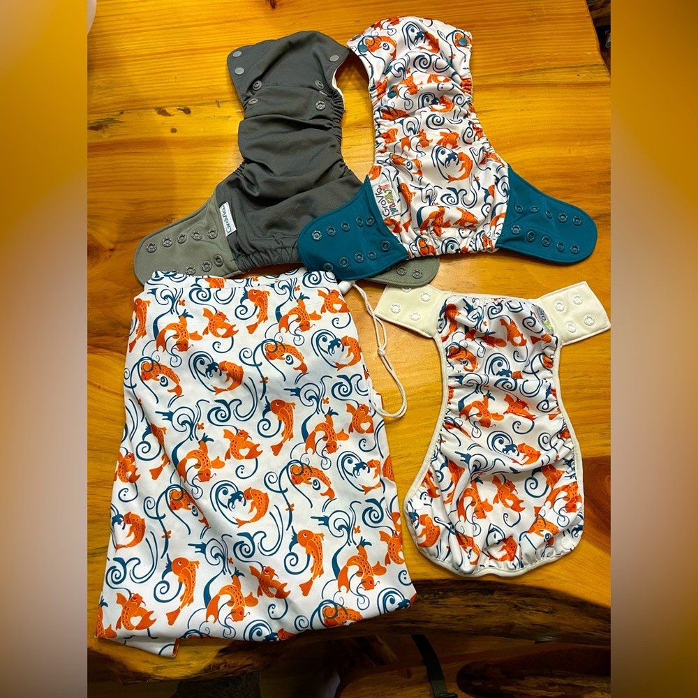 HTF Grovia AIO cloud and wacky SWIMMY, pail liner, and KOI swim diaper